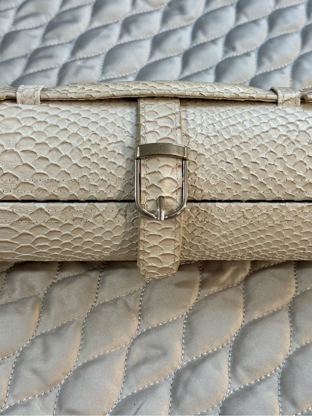 Cream Snakeskin textured Jewelry case with Silver Buckle